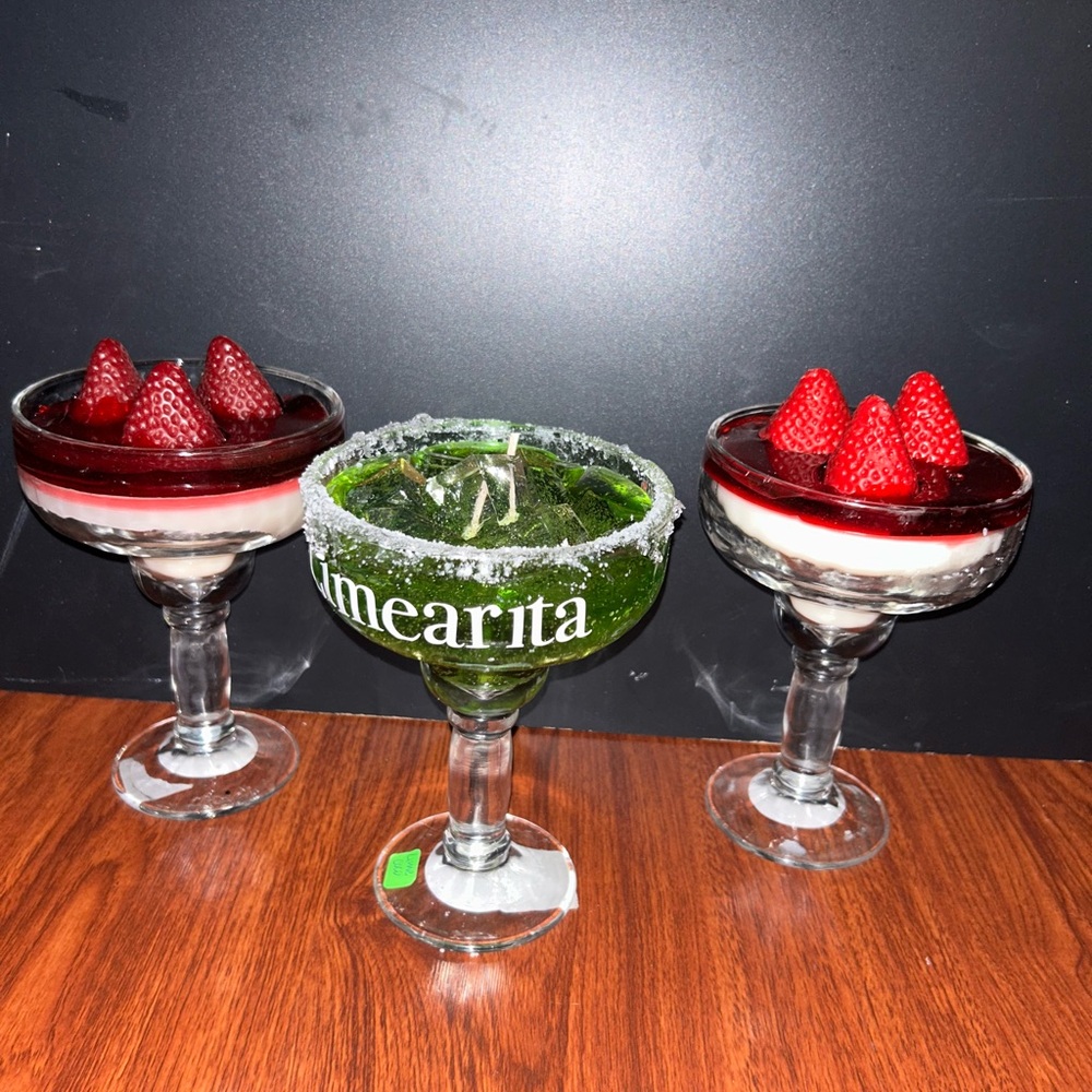 Green Margarita Glass with Sugar Rim and Two Strawberry Dessert Candle Glasses